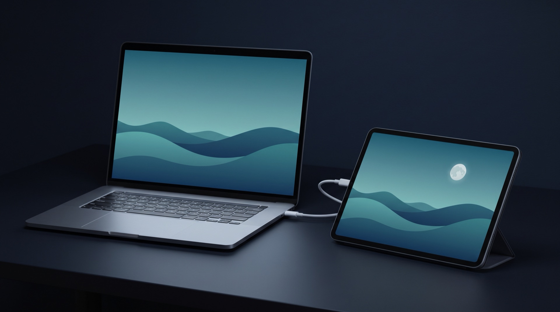 A laptop and a tablet on a desk, joined by a USB-C cable, with one wallpaper flowing across both screens