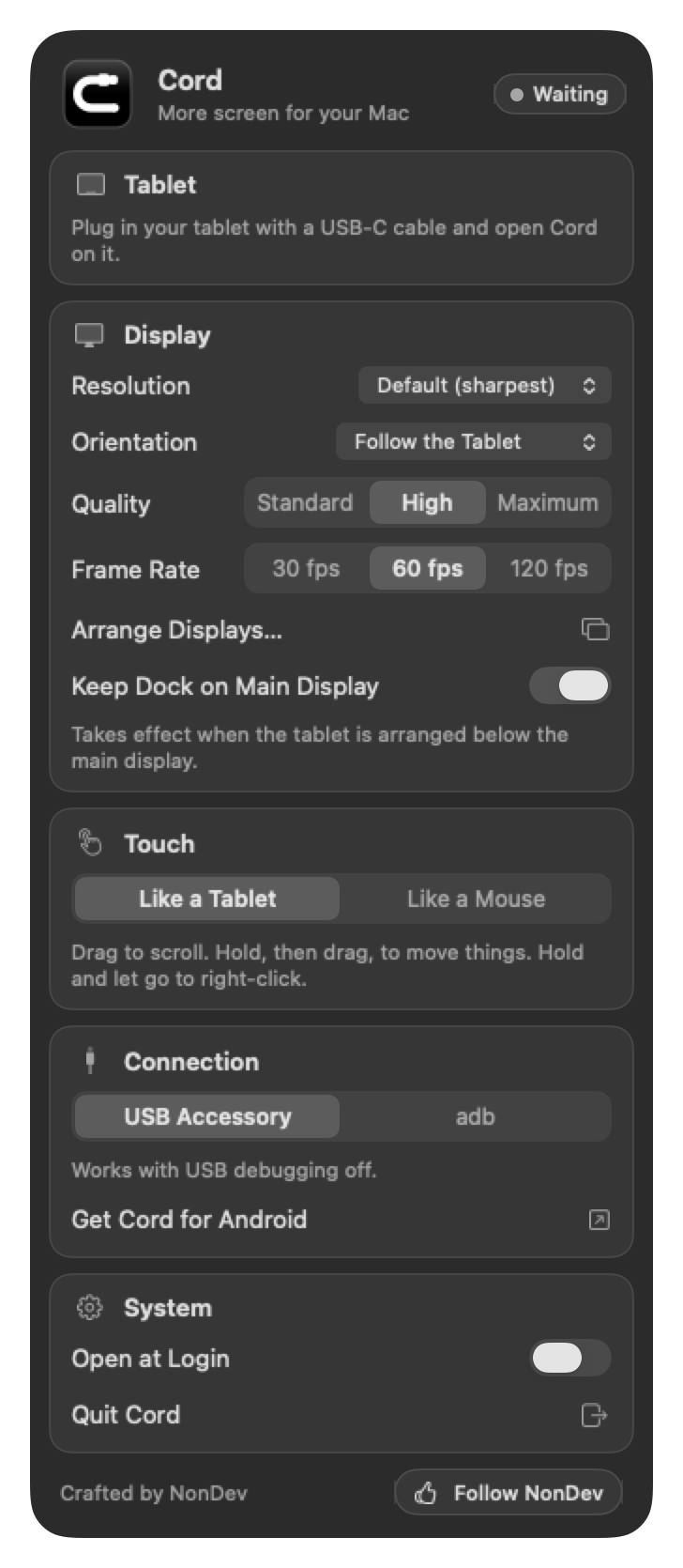 The Cord panel on the Mac: resolution, orientation, quality, frame rate, touch style